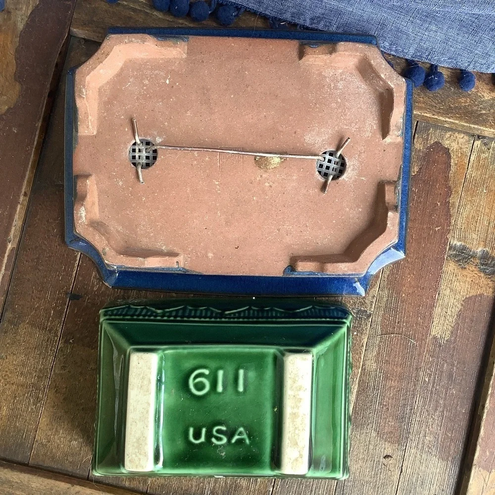 Two Vintage Green Indigo Blue Pottery Planters